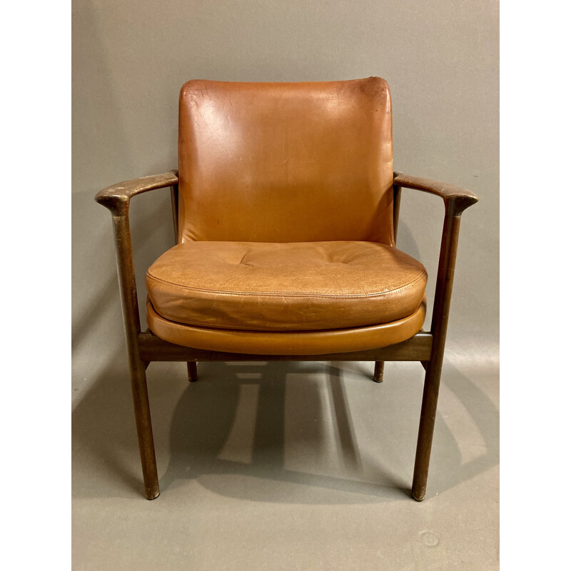 Vintage leather armchair scandinavian by Kofod Larsen 1950s