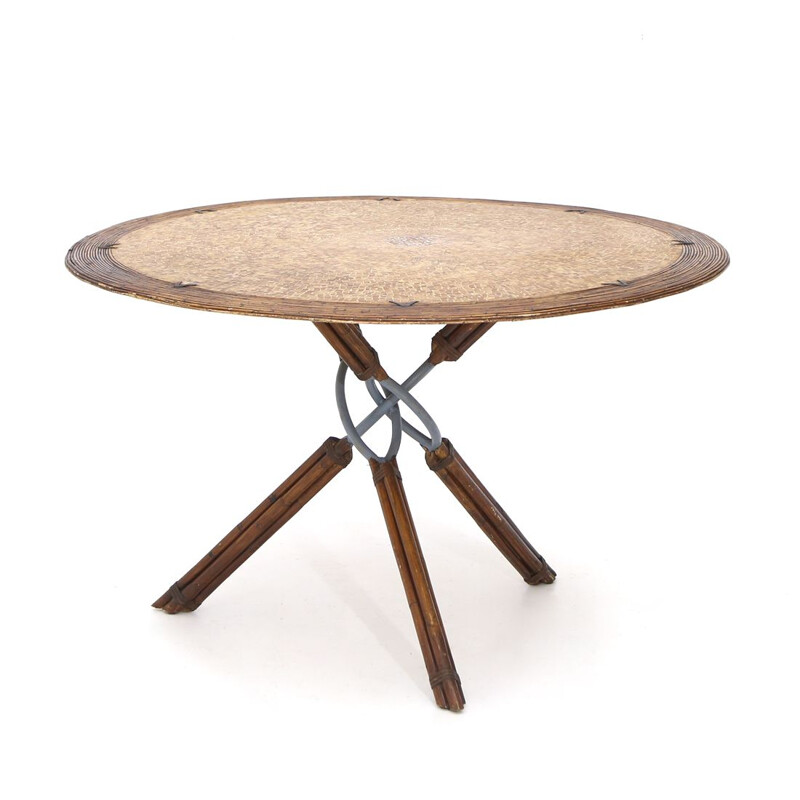 Vintage round rattan, leather and metal table by Ramon Castellanos for Kalma, 1980s
