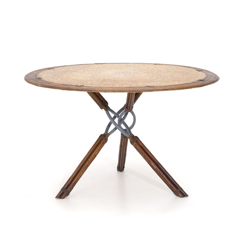 Vintage round rattan, leather and metal table by Ramon Castellanos for Kalma, 1980s