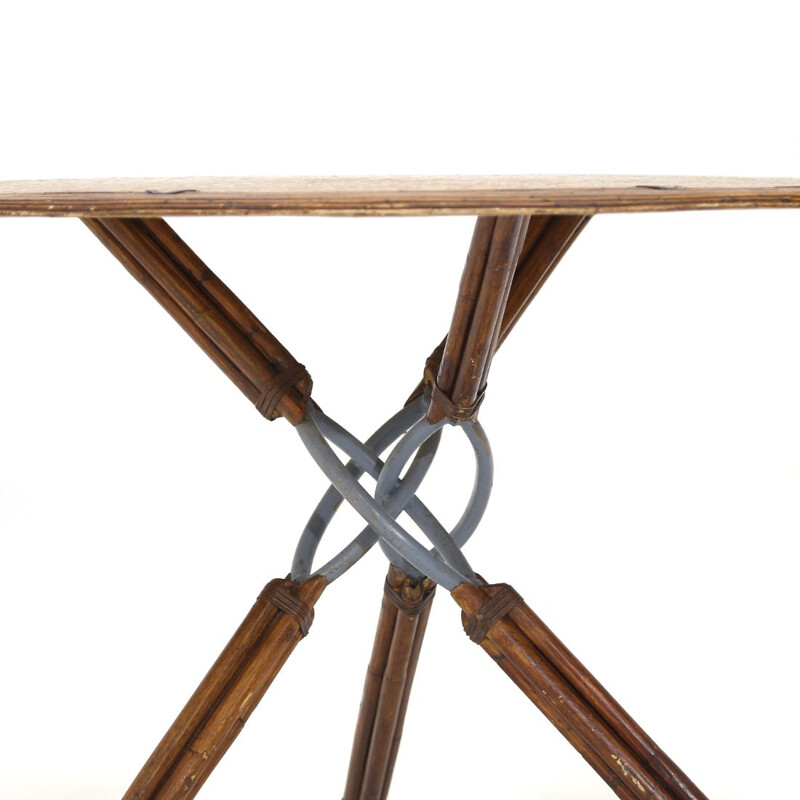 Table ronde vintage en rotin, cuir et métal par Ramon Castellanos pour Kalma, 1980