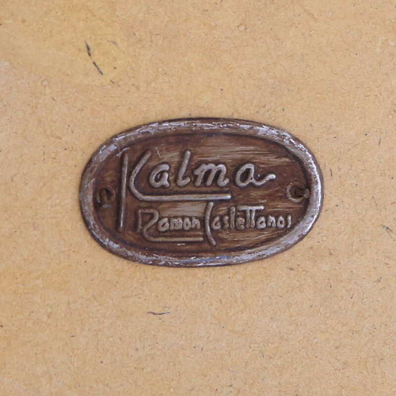 Mesa redonda vintage de ratán, cuero y metal de Ramón Castellanos para Kalma, 1980