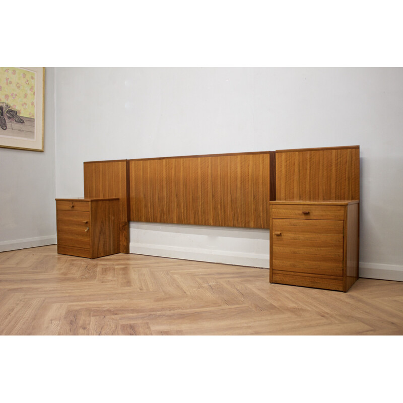 Set of mid-century walnut headboard & 2 nights stands from Alfred Cox, UK