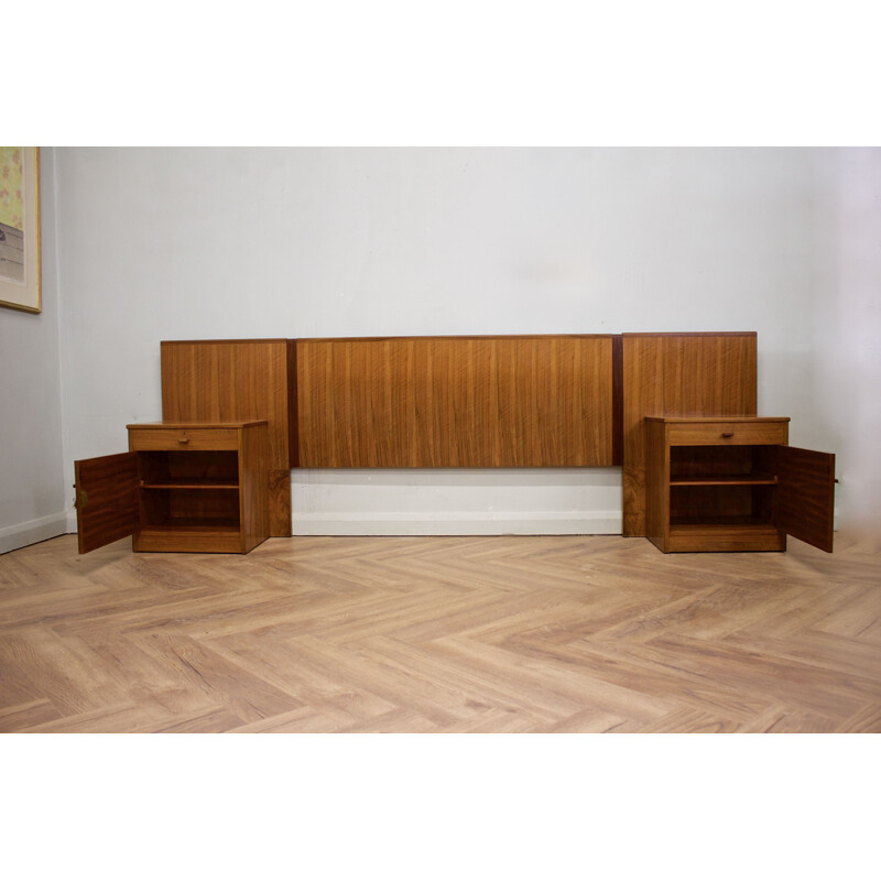Set of mid-century walnut headboard & 2 nights stands from Alfred Cox, UK