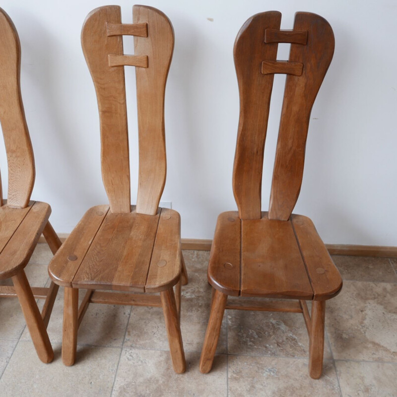 Set van 12 vintage Brutalistische eiken stoelen van De Puydt, België 1970