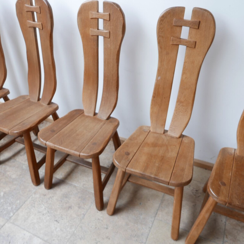 Ensemble de 12 chaises vintage brutaliste en bois de chêne par De Puydt, Belgique 1970