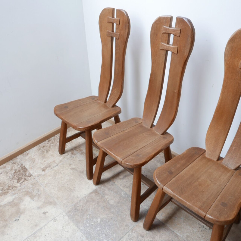 Ensemble de 12 chaises vintage brutaliste en bois de chêne par De Puydt, Belgique 1970