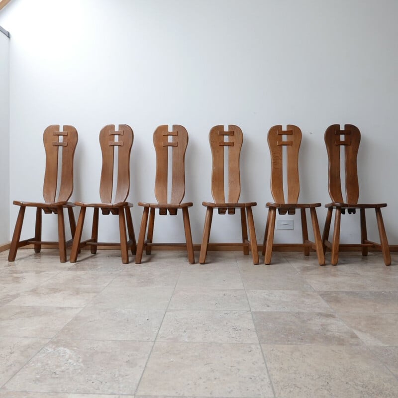 Ensemble de 12 chaises vintage brutaliste en bois de chêne par De Puydt, Belgique 1970