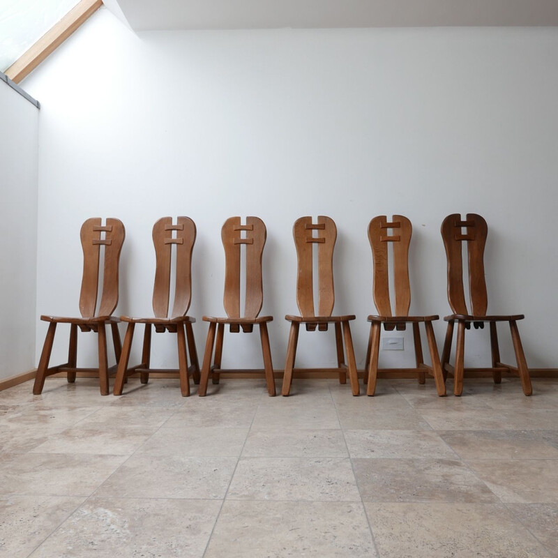 Ensemble de 12 chaises vintage brutaliste en bois de chêne par De Puydt, Belgique 1970
