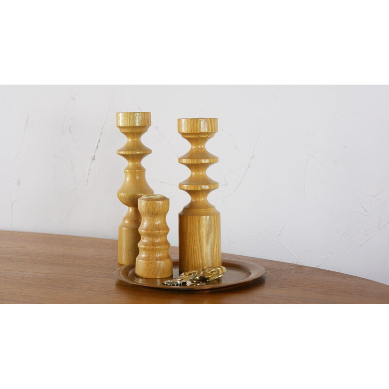 Set of 3 vintage wooden candlesticks, 1960s