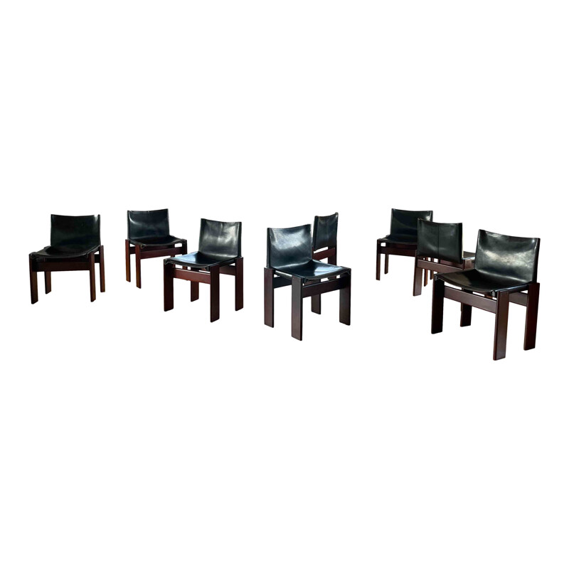 Set of 8 vintage Monk black leather and walnut dining chairs by Afra and Tobia Scarpa for Molteni, 1973