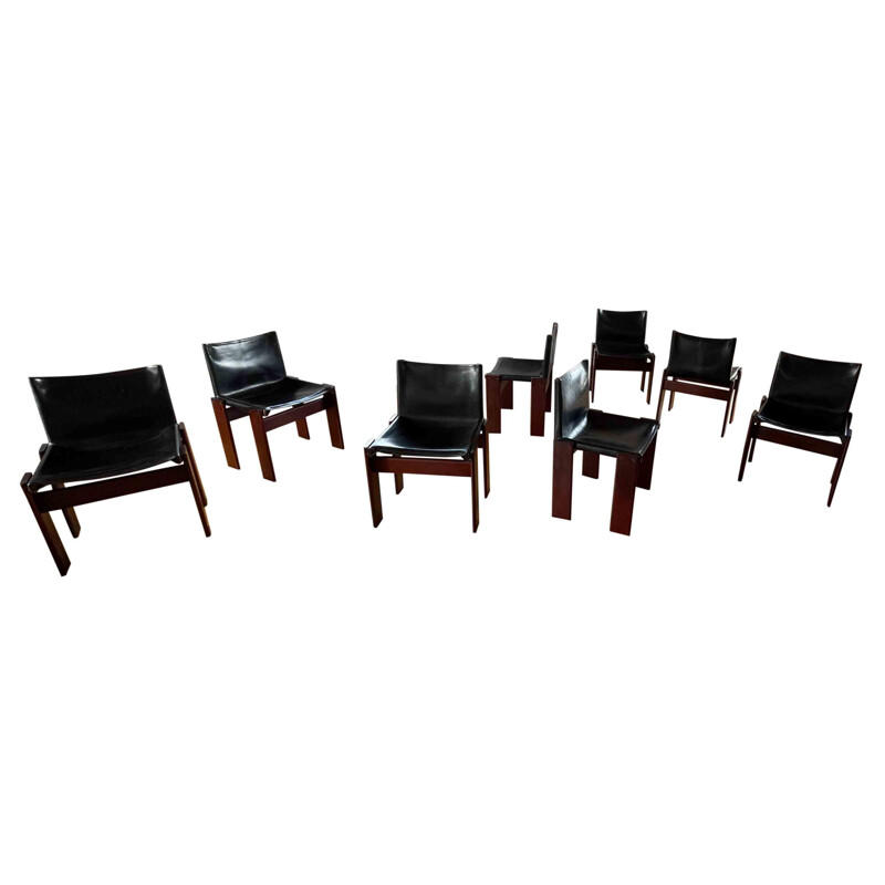 Set of 8 vintage Monk black leather and walnut dining chairs by Afra and Tobia Scarpa for Molteni, 1973