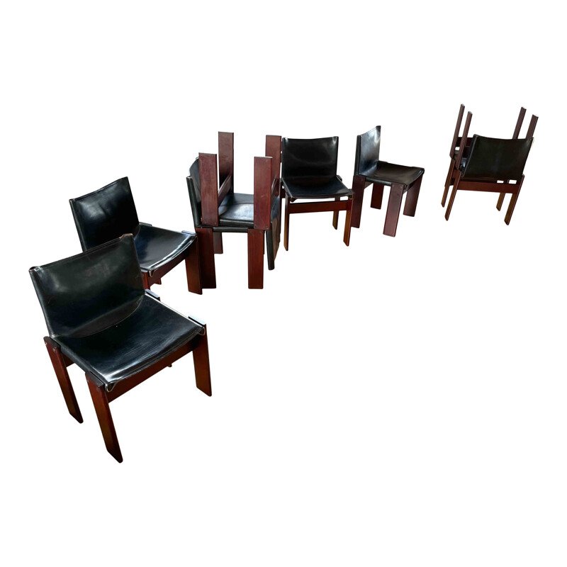 Set of 8 vintage Monk black leather and walnut dining chairs by Afra and Tobia Scarpa for Molteni, 1973