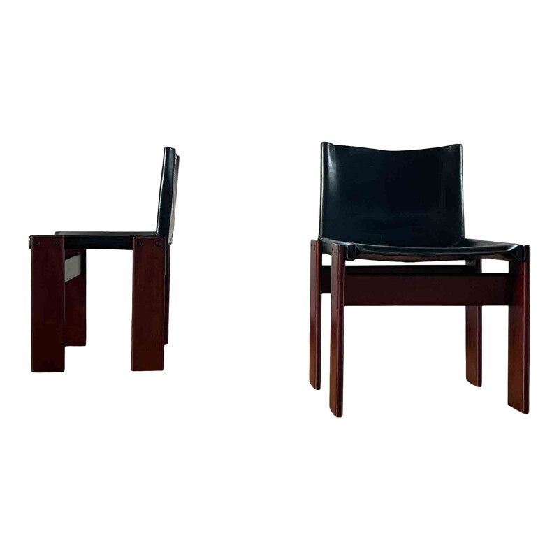 Set of 8 vintage Monk black leather and walnut dining chairs by Afra and Tobia Scarpa for Molteni, 1973