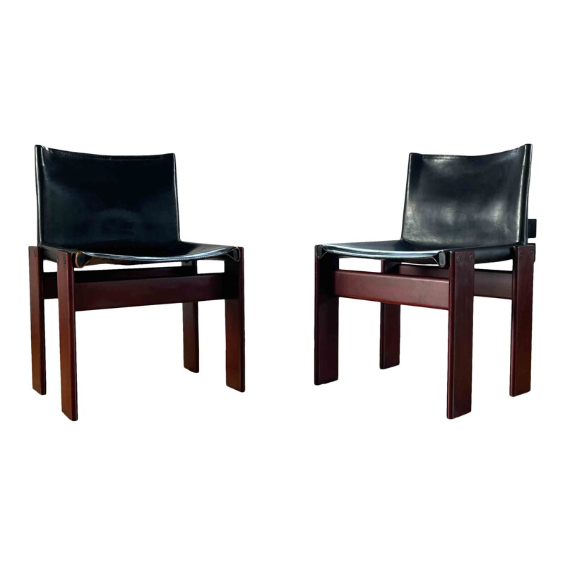 Set of 8 vintage Monk black leather and walnut dining chairs by Afra and Tobia Scarpa for Molteni, 1973