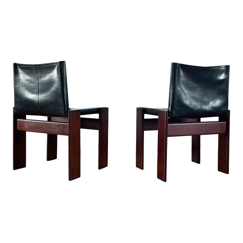 Set of 8 vintage Monk black leather and walnut dining chairs by Afra and Tobia Scarpa for Molteni, 1973