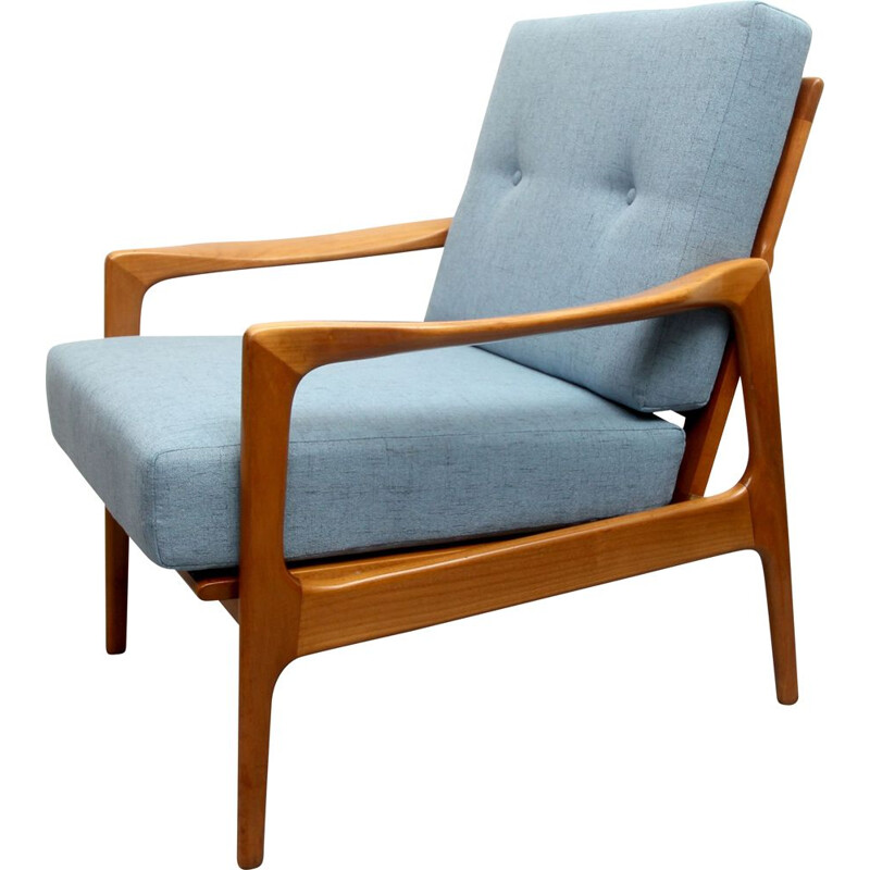 Vintage lichtblauwe kersenhouten fauteuil, 1960