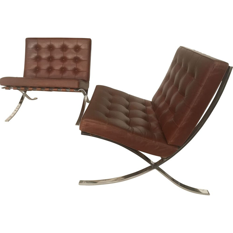 Pair of vintage Barcelona armchairs by Mies Van Der Rohe for Knoll International, 1965