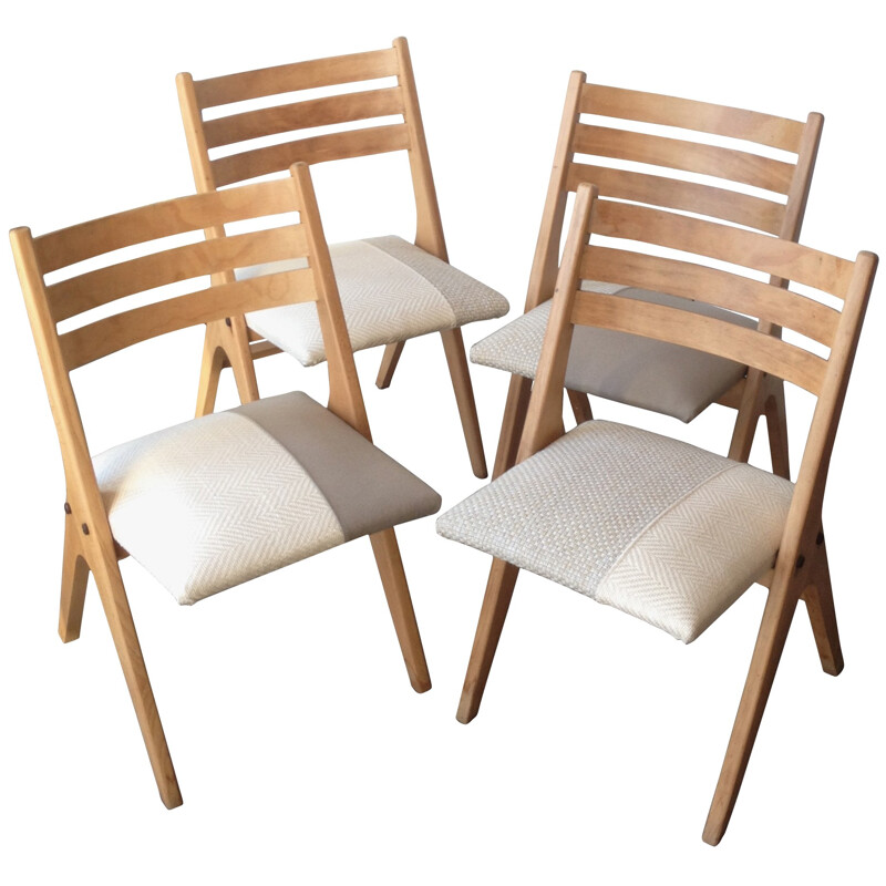 Suite of 4 chairs in beech with compas legs - 1960s