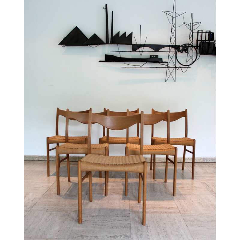 Set of 6 vintage teak and rope chairs by Arne Wahl Iversen for Glingøre Stolefabrik, 1960