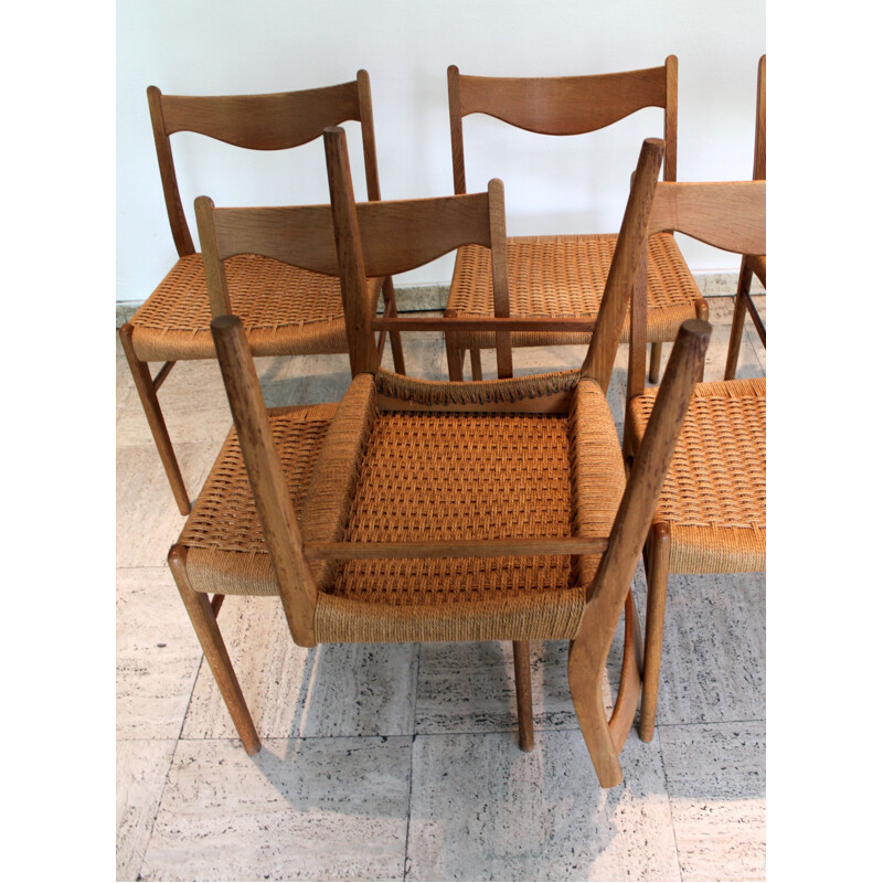 Set of 6 vintage teak and rope chairs by Arne Wahl Iversen for Glingøre Stolefabrik, 1960