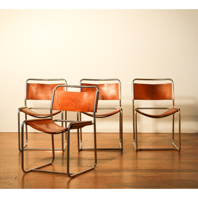 Set of 4 't Spectrum dining chairs in brown leather, Paul IBENS & Clair BATAILLE - 1970s