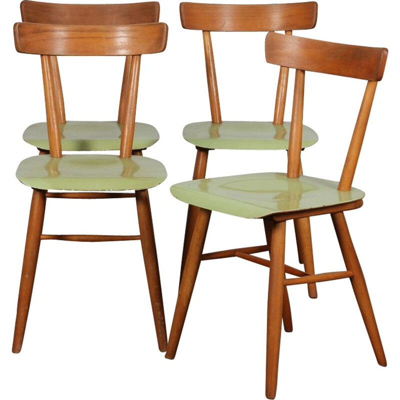 Set of 4 vintage green chairs by Ton, 1960