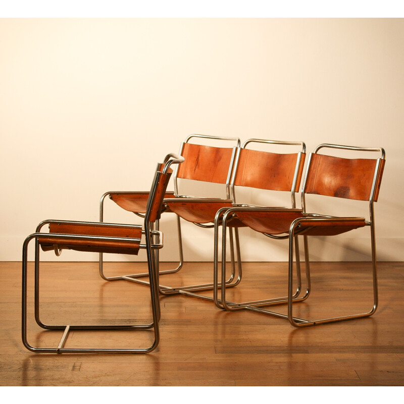 Suite de 4 chaises 't Spectrum en cuir brun, Paul IBENS & Clair BATAILLE - 1970 