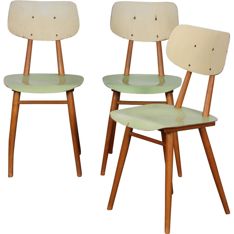 Ensemble de 3 chaises vintage en bois par Ton, République tchèque 1960