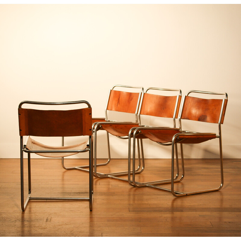 Suite de 4 chaises 't Spectrum en cuir brun, Paul IBENS & Clair BATAILLE - 1970 