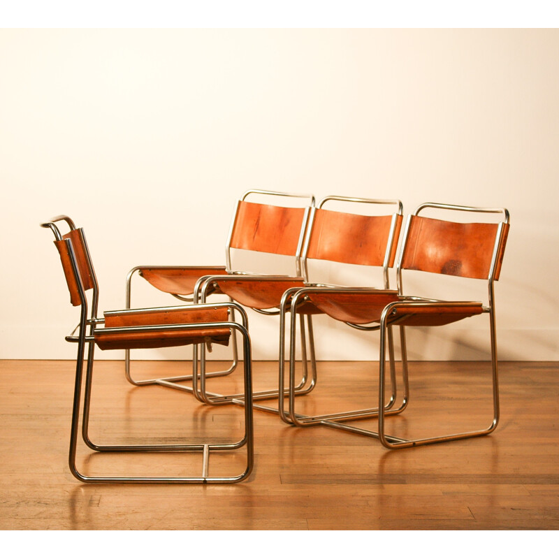 Suite de 4 chaises 't Spectrum en cuir brun, Paul IBENS & Clair BATAILLE - 1970 