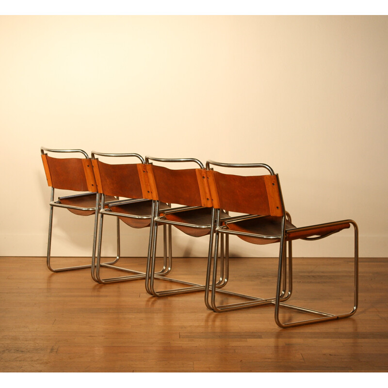 Set of 4 't Spectrum dining chairs in brown leather, Paul IBENS & Clair BATAILLE - 1970s