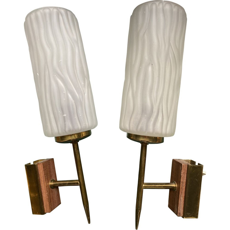 Pair of vintage sandblasted glass and brass wall lamps, 1955
