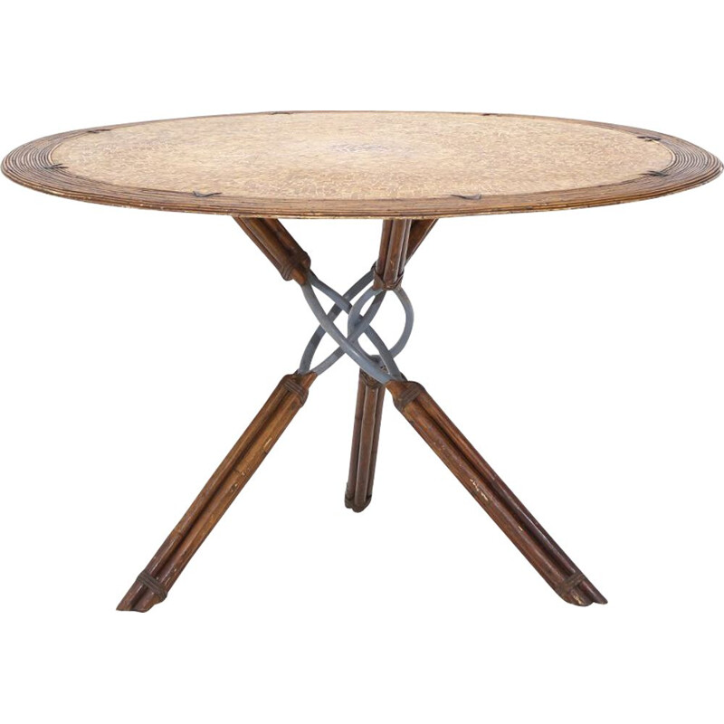 Vintage round rattan, leather and metal table by Ramon Castellanos for Kalma, 1980s