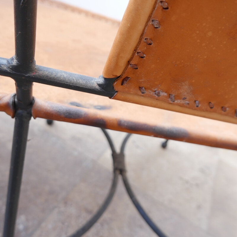 French mid-century leather and iron bench, 1950s