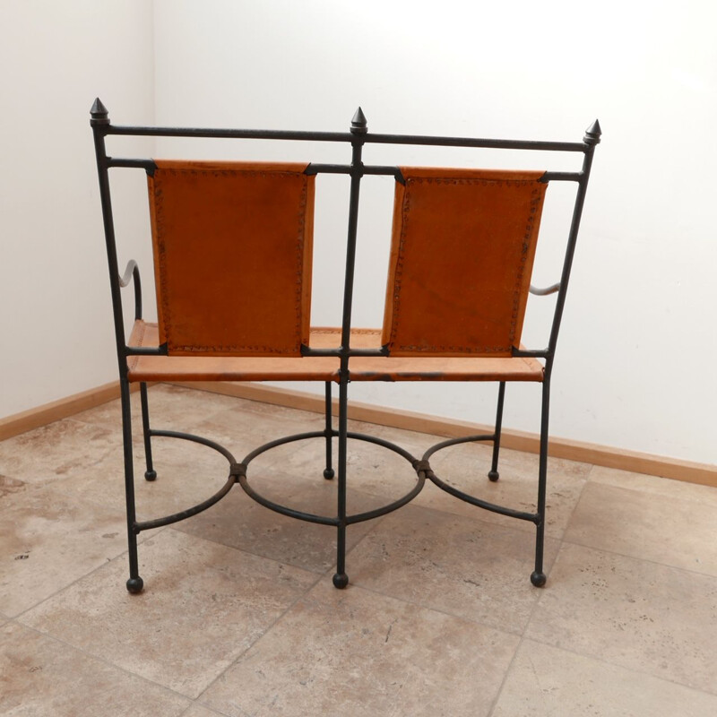 French mid-century leather and iron bench, 1950s