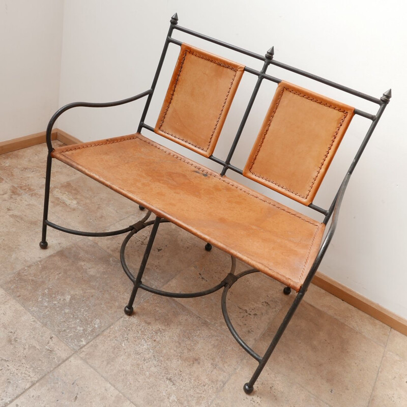 French mid-century leather and iron bench, 1950s
