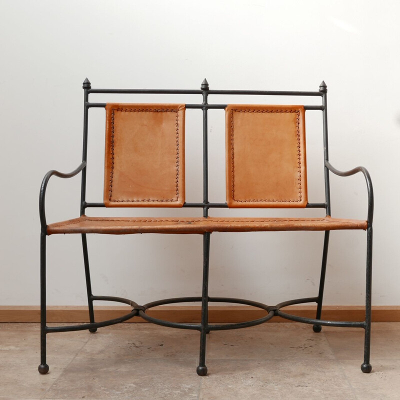 French mid-century leather and iron bench, 1950s