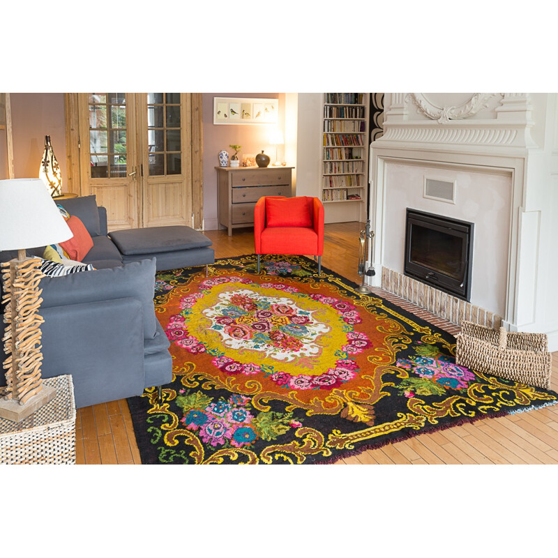 Flower rug in black and ocher fabric - 1970s