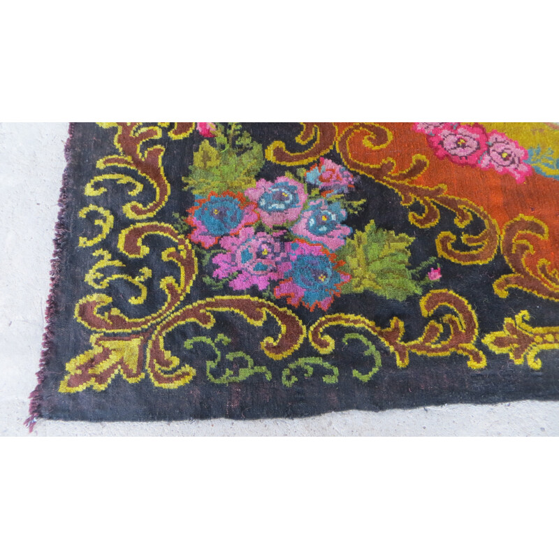 Flower rug in black and ocher fabric - 1970s
