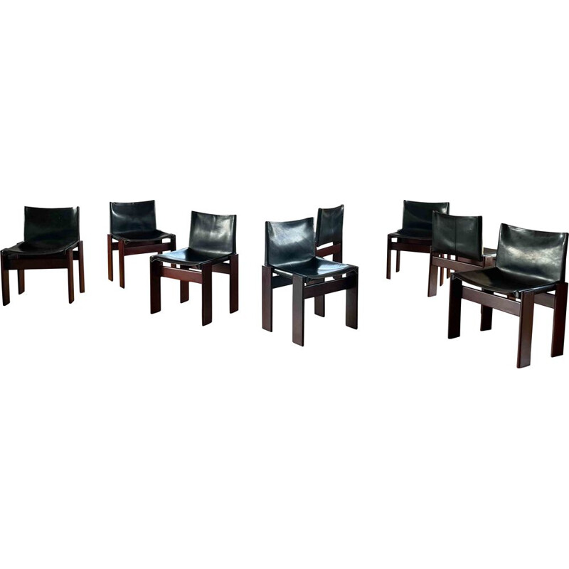 Set of 8 vintage Monk black leather and walnut dining chairs by Afra and Tobia Scarpa for Molteni, 1973