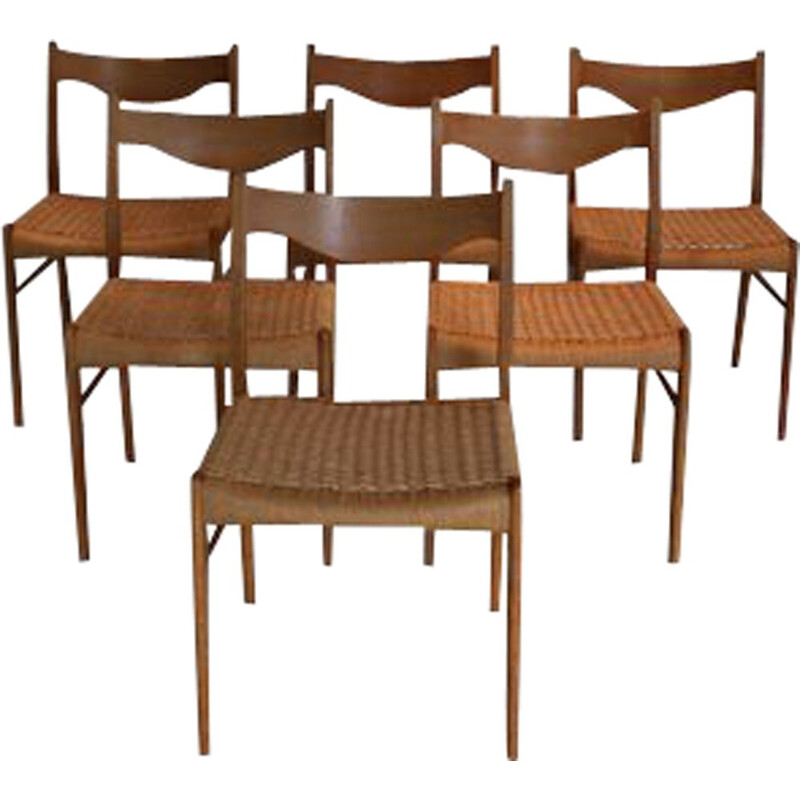 Ensemble de 6 chaises vintage en teck et corde par Arne Wahl Iversen pour Glingøre Stolefabrik, 1960