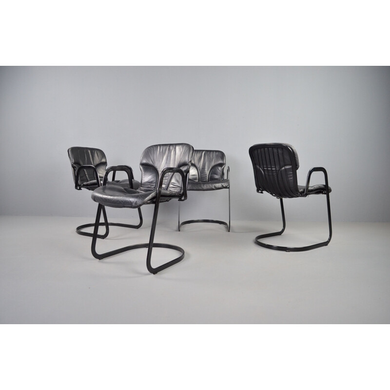 Set of 4 vintage Cidue black leather dining chairs, 1970s