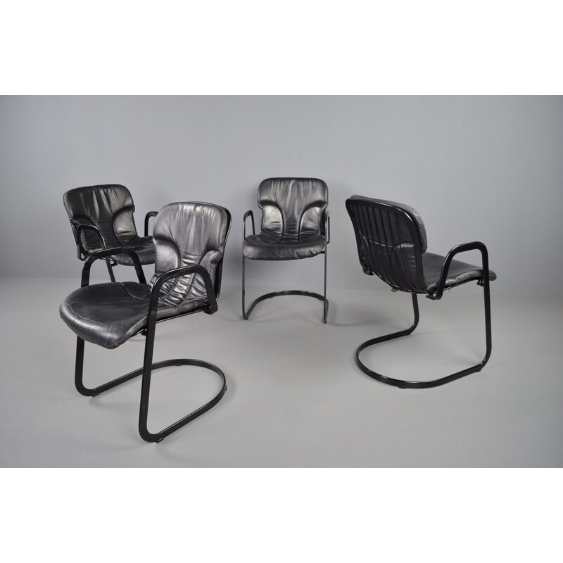 Ensemble de 4 chaises vintage Cidue en cuir noir, 1970