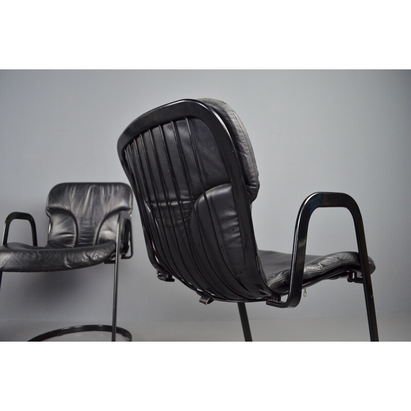Ensemble de 4 chaises vintage Cidue en cuir noir, 1970