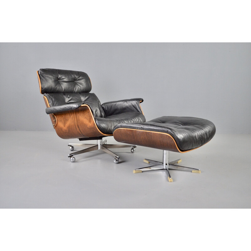 Fauteuil lounge avec ottoman vintage en palissandre et cuir noir par Martin Stoll