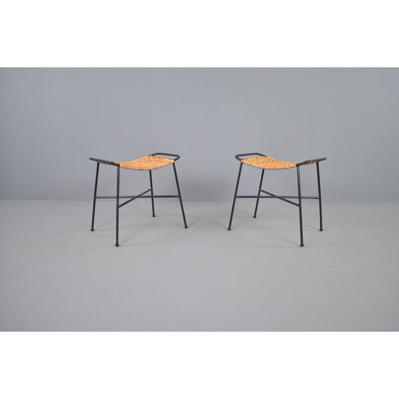 Pair of vintage wicker and steel stools, 1950s