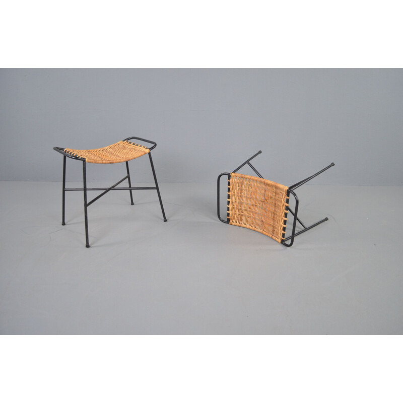 Pair of vintage wicker and steel stools, 1950s