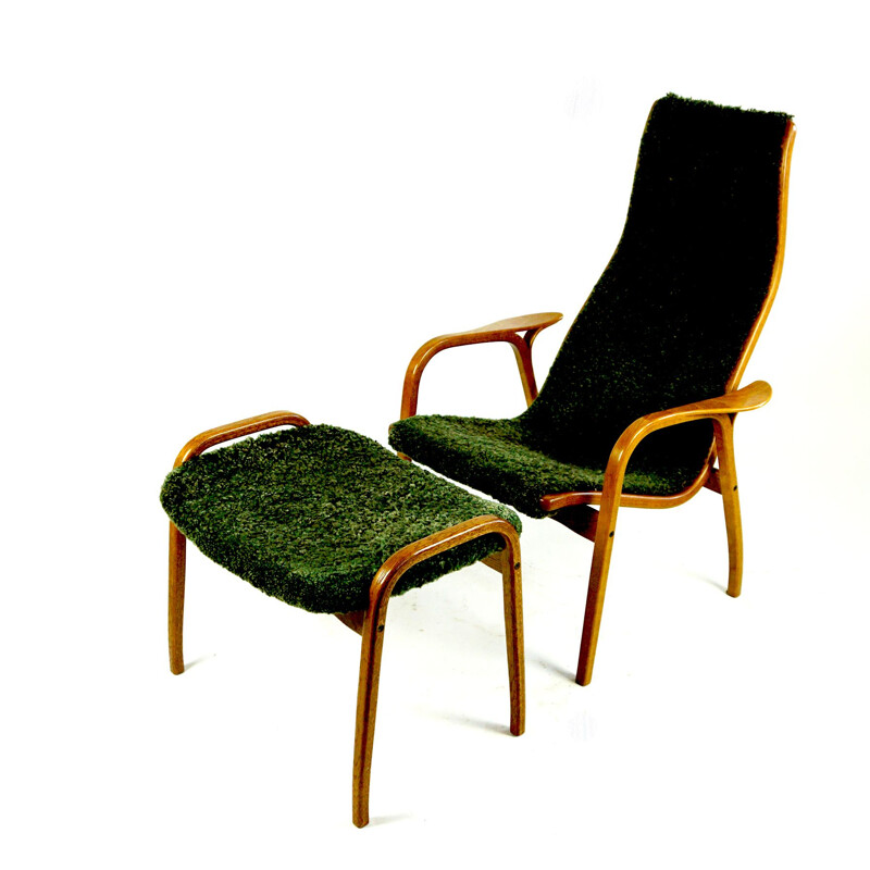 Fauteuil lounge avec ottoman vintage Lamino en peau de mouton verte par Yngve Ekstrom pour Swedese, 1970