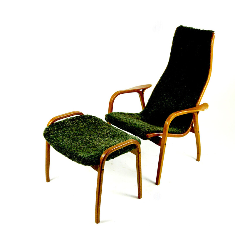 Vintage green sheepskin Lamino lounge chair with ottoman by Yngve Ekstrom for Swedese, 1970s