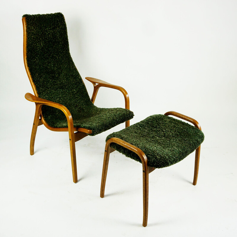 Fauteuil lounge avec ottoman vintage Lamino en peau de mouton verte par Yngve Ekstrom pour Swedese, 1970